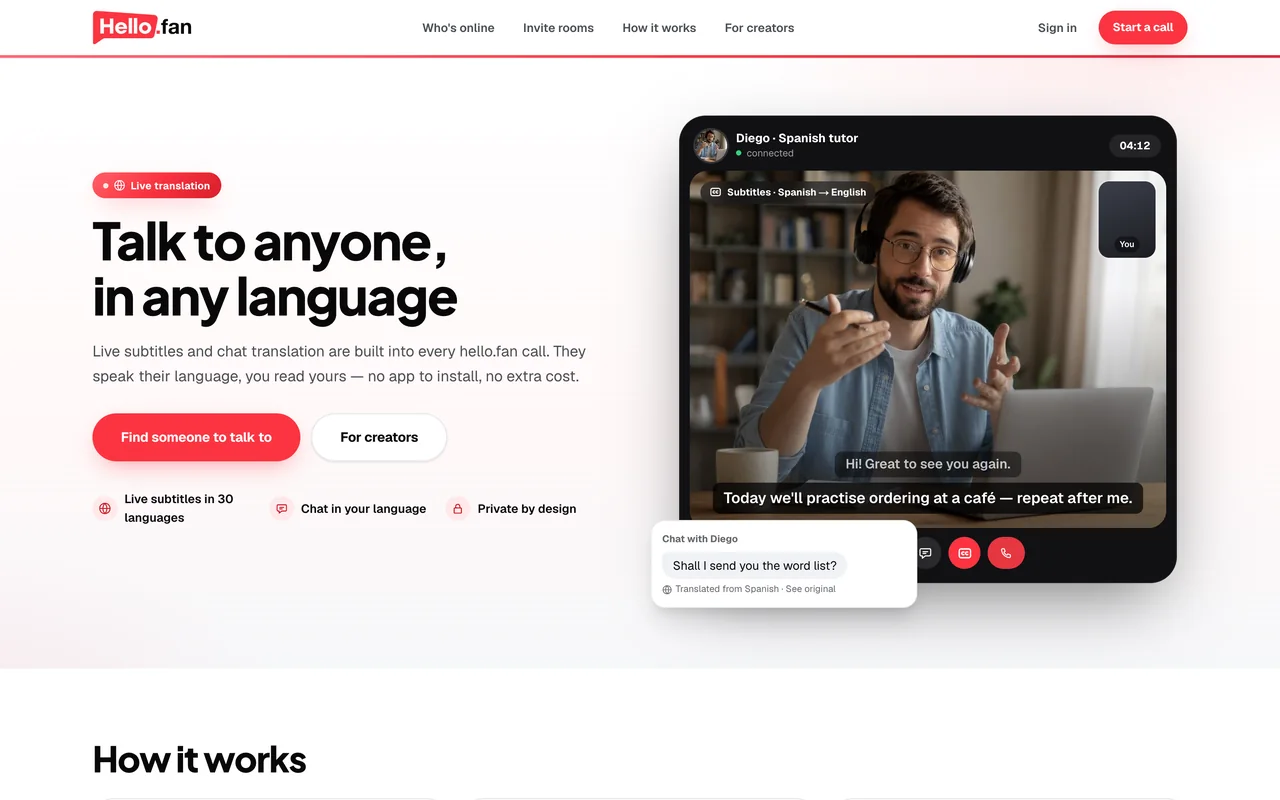 hello.fan on a computer: talk to anyone, in any language — a call with live subtitles