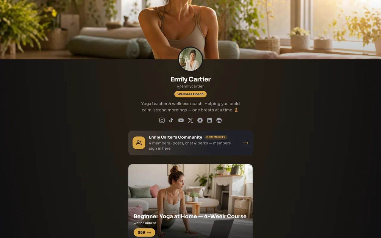 A store.fan storefront on a computer: Emily Cartier, yoga teacher and wellness coach