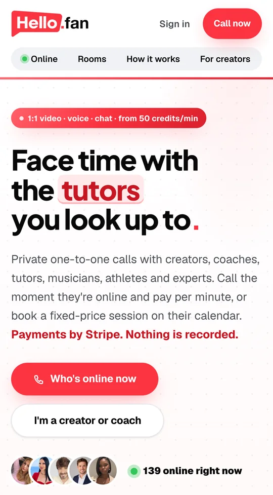 hello.fan in Safari on a phone: Face time with the tutors you look up to — private one-to-one calls, Who's online now