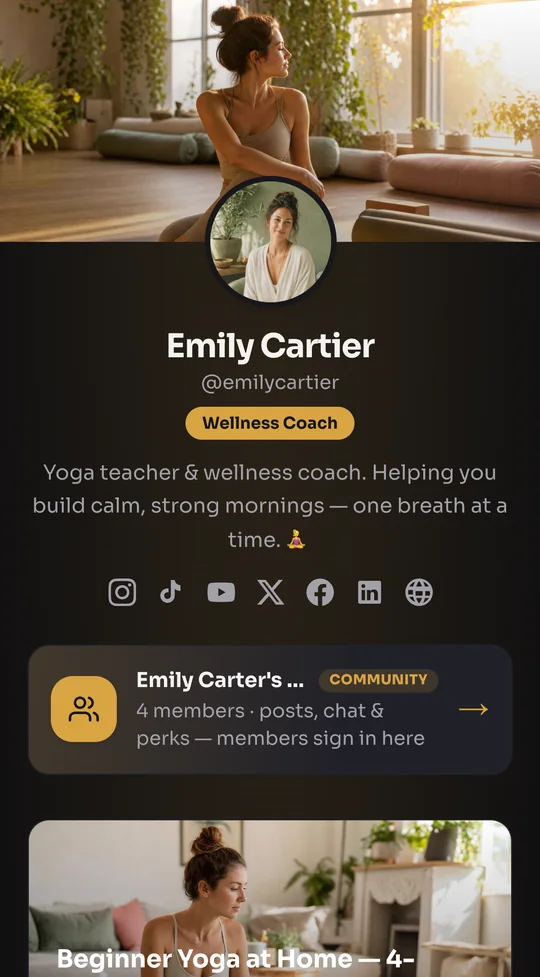 A store.fan storefront in a phone browser: Emily Cartier, yoga teacher, with her community and a 4-week course