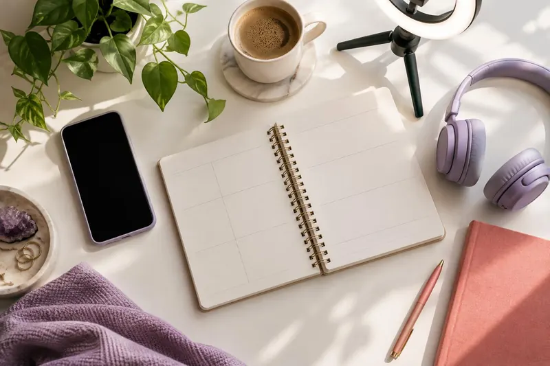 A top-down view of a desk with a phone, an open planner, headphones, a cup of coffee and a ring light